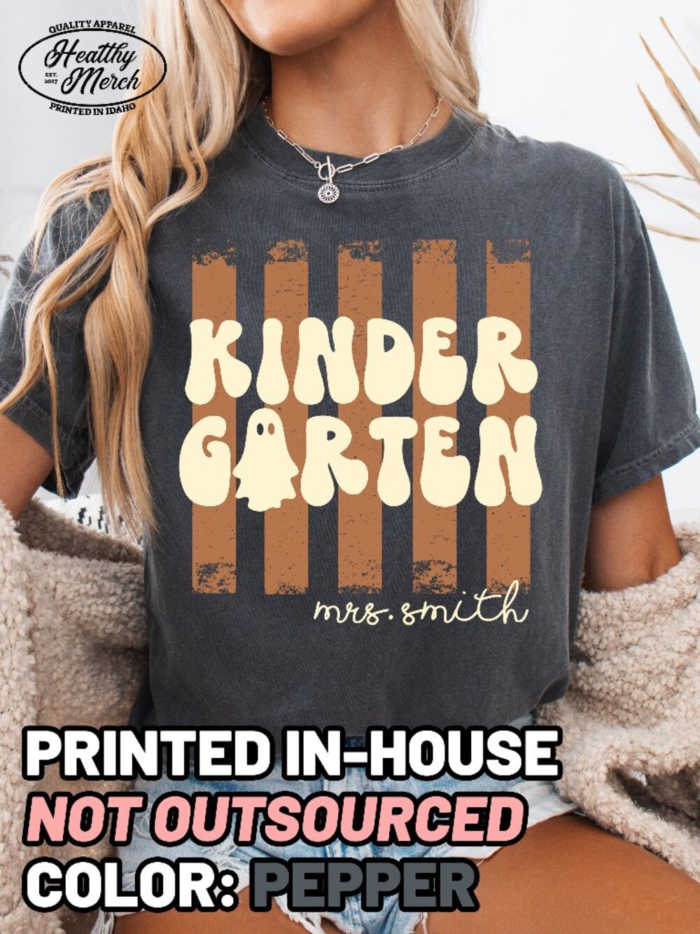 Kindergarten Retro Stripe Halloween Teacher Shirt Comfort Colors Pepper